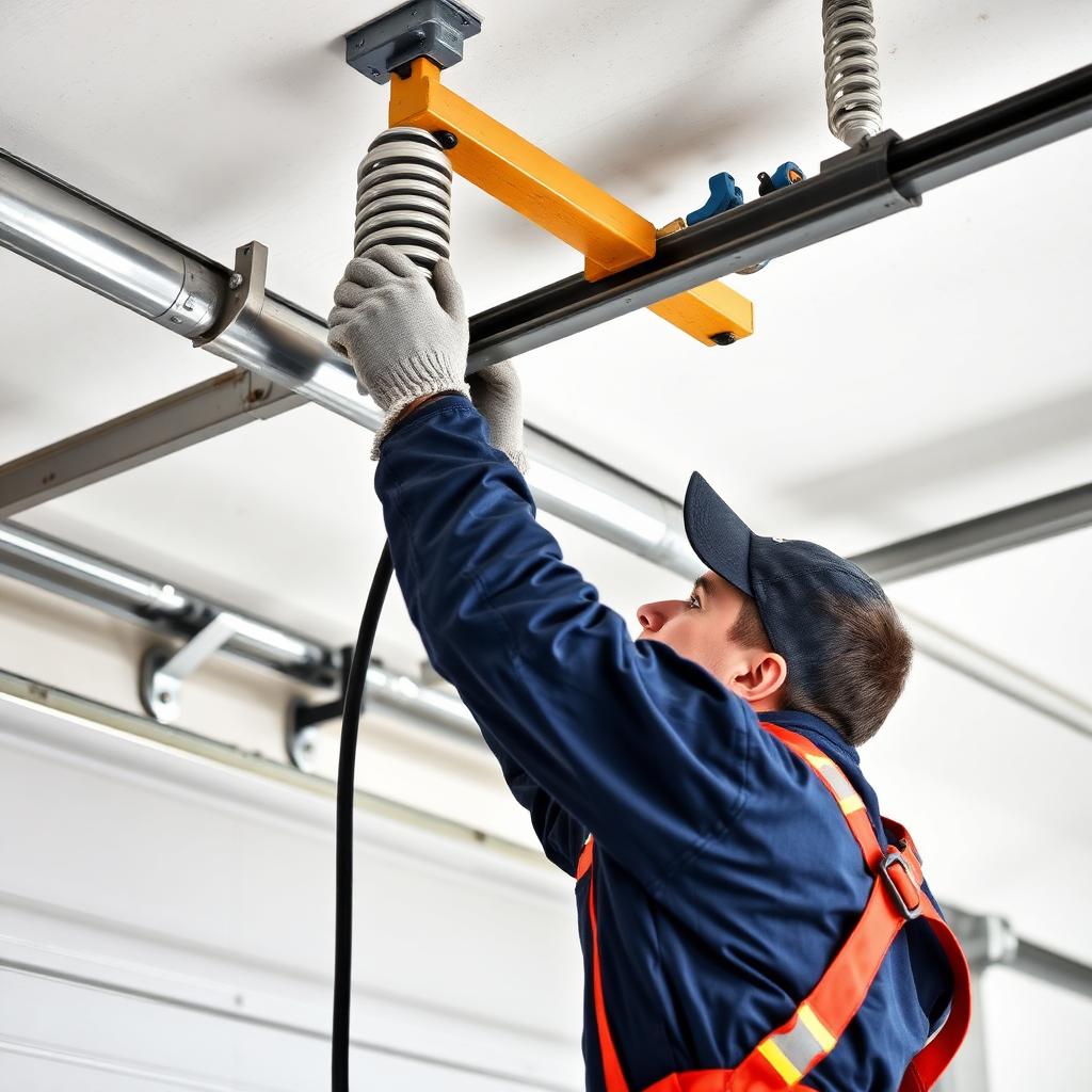 Expert garage door repair technician working on spring replacement
