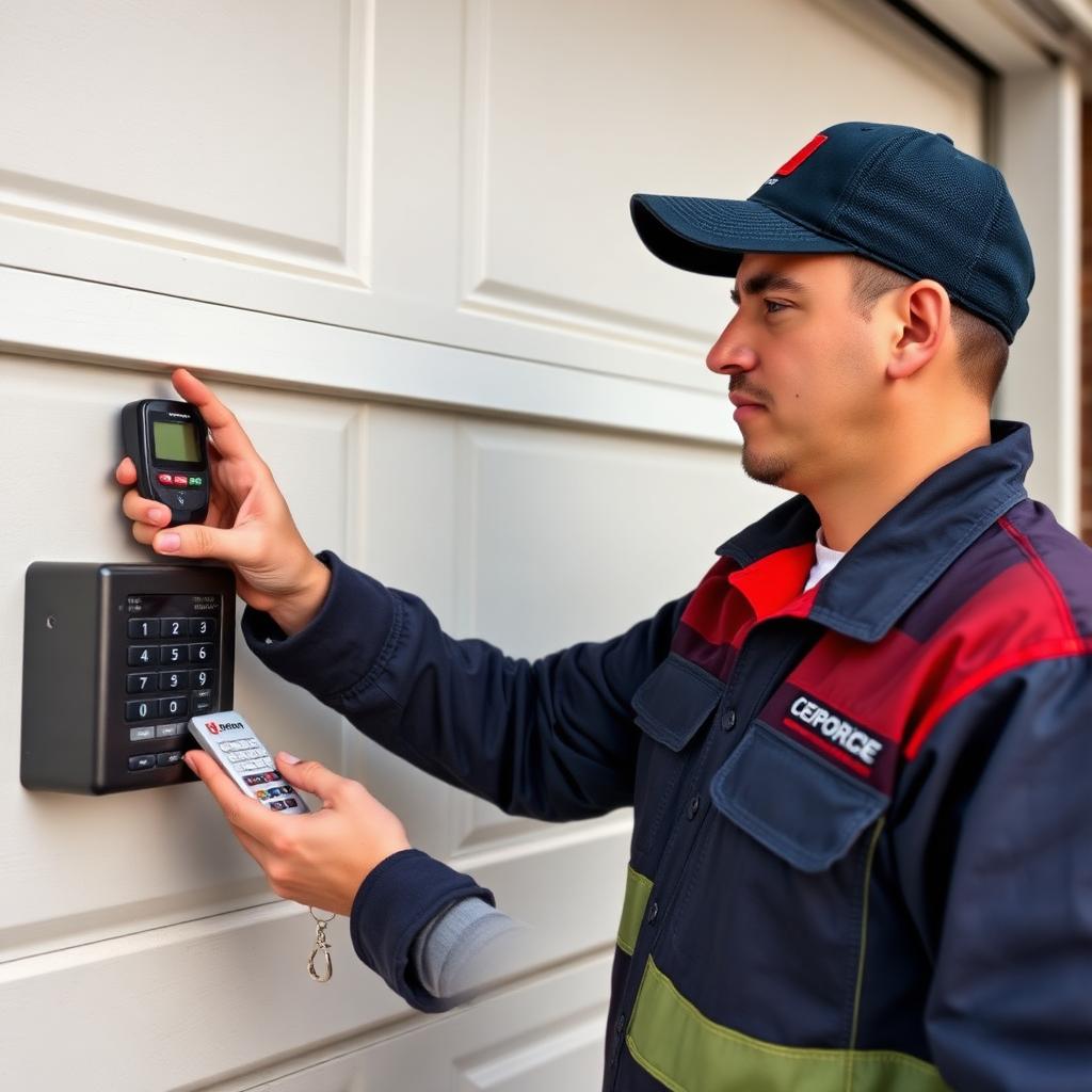 Garage Door Mayodan technician programming a garage door remote